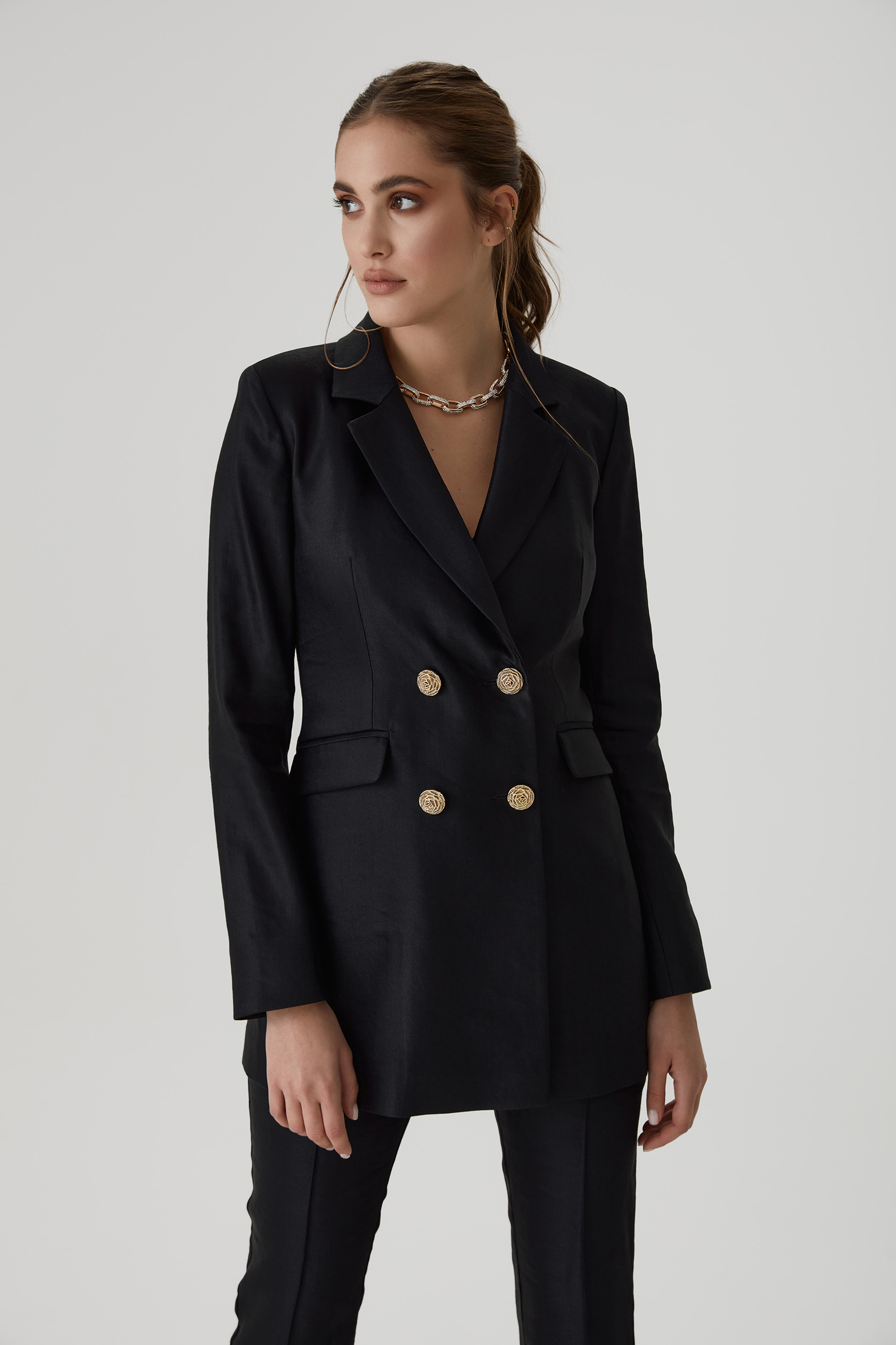 Double-Breasted Jacket with gold buttons in black - Lita Couture