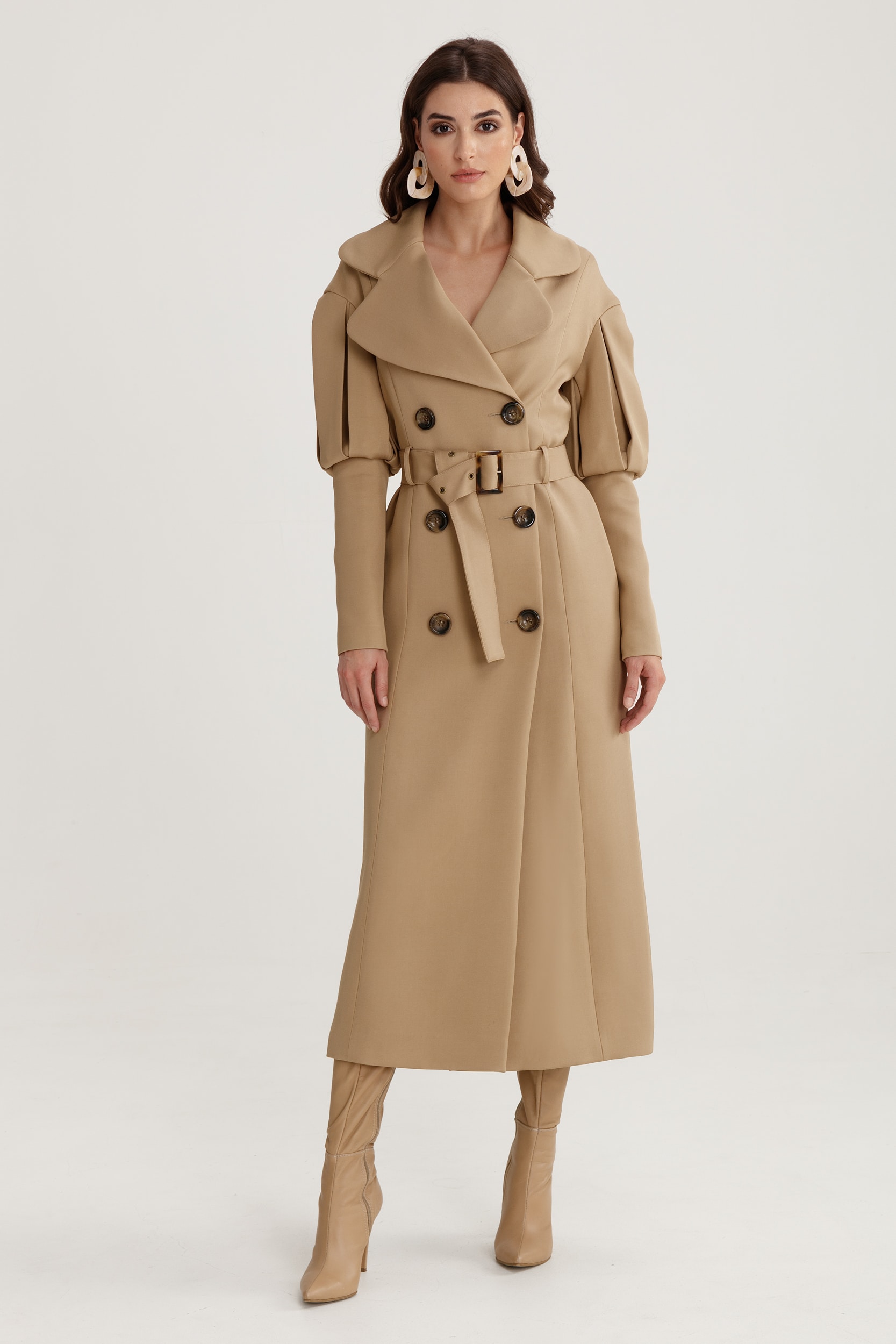 Statement Pleated Shoulders Trench Coat in Beige